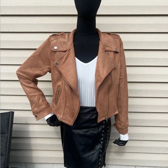 Women's Tan Faux Suede Motorcycle Jacket - Picture 2 of 8